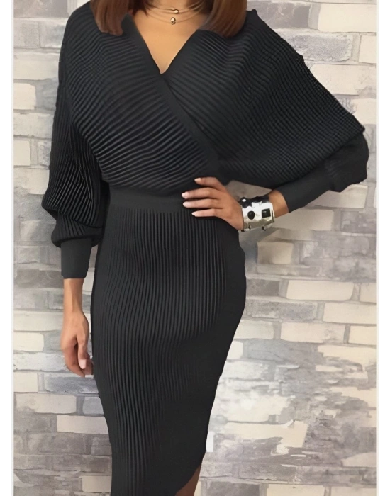 Kadın Uzun Kollu Kruvaze Yaka Triko Elbise