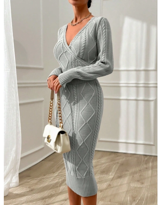 Kadın Uzun Kollu Kruvaze Yaka Triko Midi Boy Elbise