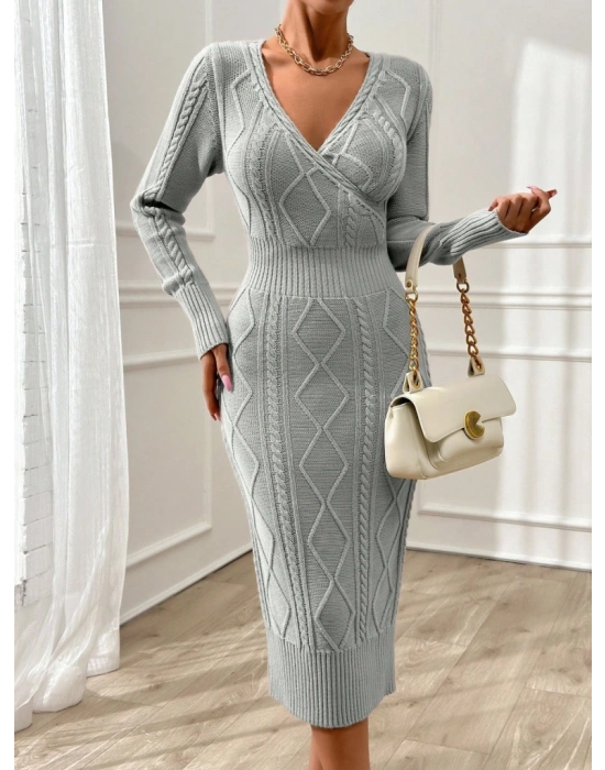Kadın Uzun Kollu Kruvaze Yaka Triko Midi Boy Elbise