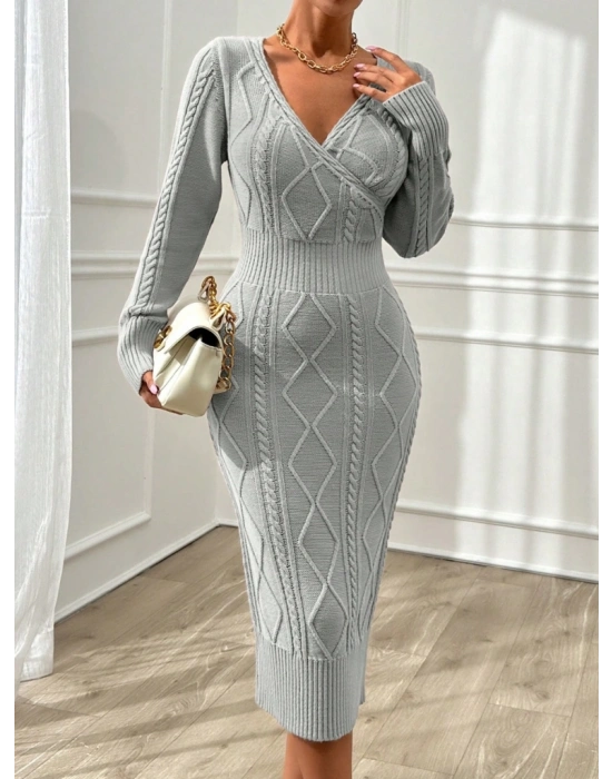 Kadın Uzun Kollu Kruvaze Yaka Triko Midi Boy Elbise