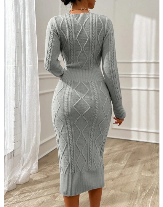 Kadın Uzun Kollu Kruvaze Yaka Triko Midi Boy Elbise