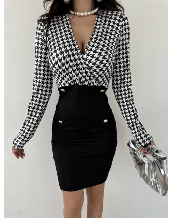 Kadın Uzun Kollu Kruvaze Yaka üst Kazayağı Desen Düğme Detaylı Dalgıç Elbise