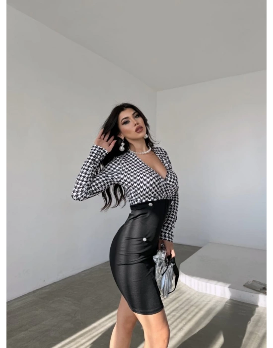 Kadın Uzun Kollu Kruvaze Yaka üst Kazayağı Desen Düğme Detaylı Dalgıç Elbise