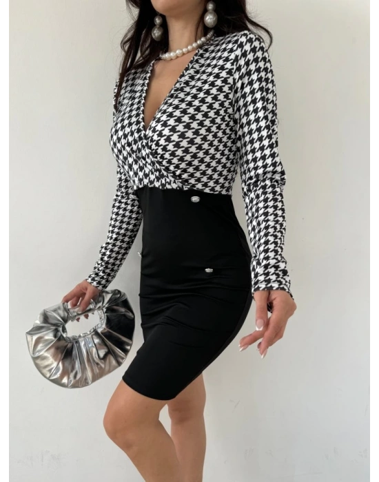 Kadın Uzun Kollu Kruvaze Yaka üst Kazayağı Desen Düğme Detaylı Dalgıç Elbise