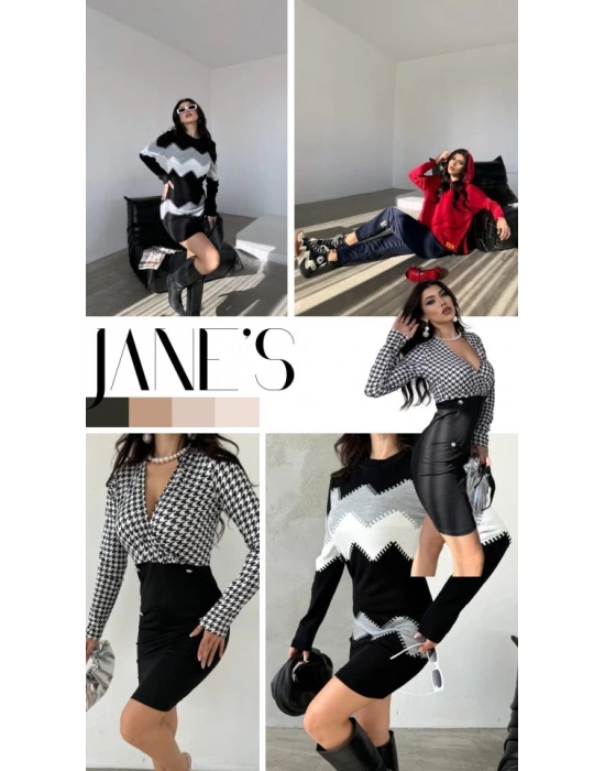 Kadın Uzun Kollu Kruvaze Yaka üst Kazayağı Desen Düğme Detaylı Dalgıç Elbise