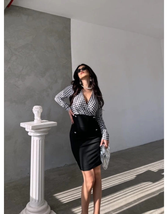 Kadın Uzun Kollu Kruvaze Yaka üst Kazayağı Desen Düğme Detaylı Dalgıç Elbise