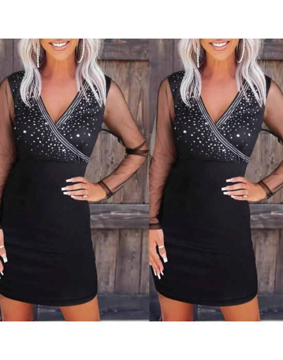 Kadın Uzun Kollu Kruvaze Yaka üst Kısım Taşlı Detay Krep Mini Boy Elbise