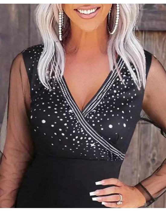 Kadın Uzun Kollu Kruvaze Yaka üst Kısım Taşlı Detay Krep Mini Boy Elbise