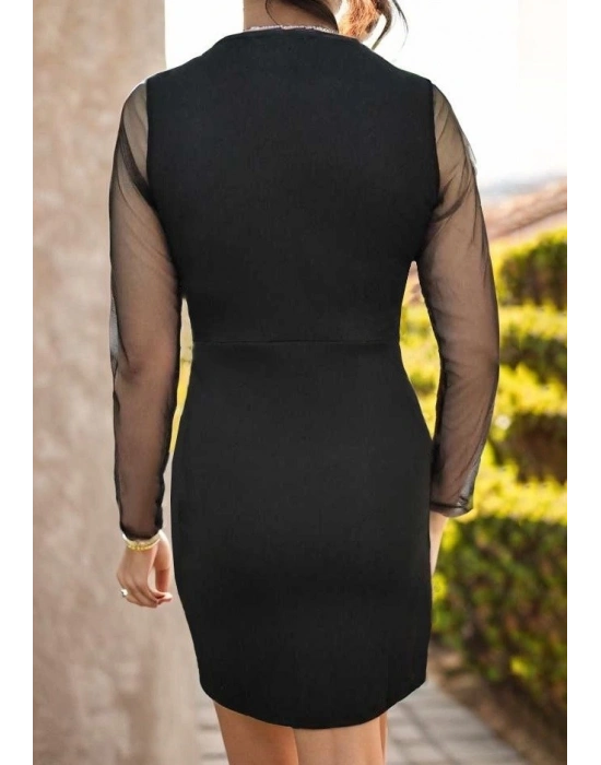 Kadın Uzun Kollu Kruvaze Yaka üst Kısım Taşlı Detay Krep Mini Boy Elbise