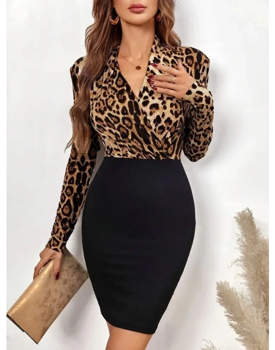 Kadın Uzun Kollu Kruvaze Yaka üst Modal Alt Ithal Krep Mini Elbise