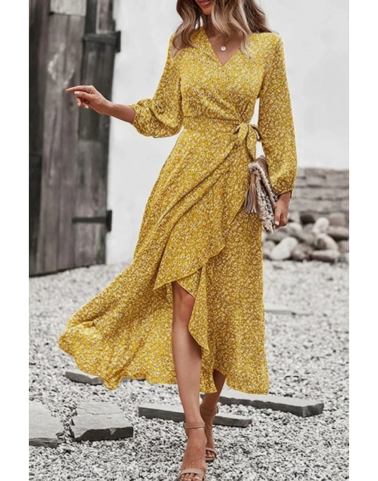 Kadın Uzun Kollu Kruvaze Yaka Yandan Bağlamalı önden Fırfır Detaylı Süprem Uzun Elbise