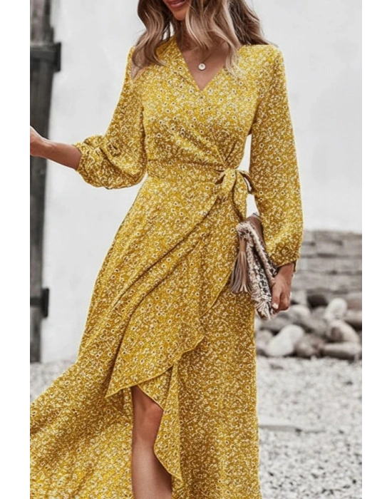 Kadın Uzun Kollu Kruvaze Yaka Yandan Bağlamalı önden Fırfır Detaylı Süprem Uzun Elbise