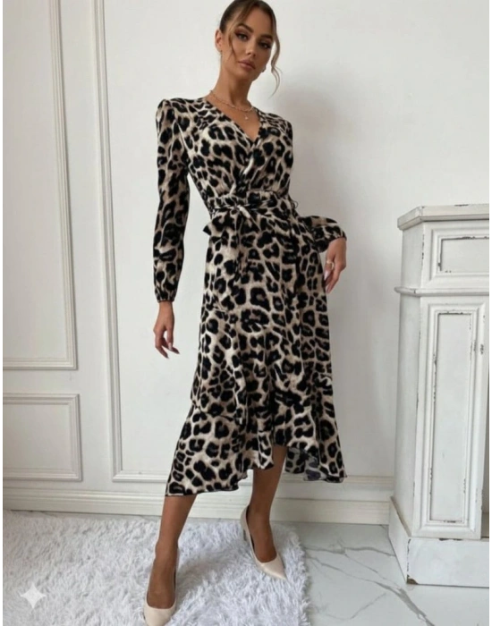 Kadın Uzun Kollu Kruvaze Yaka Yandan Bağlamalı önden Fırfır Detaylı Süprem Uzun Elbise