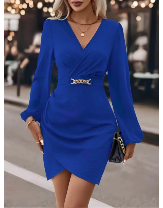 Kadın Uzun Kollu Kruvaze Yaka Yandan Büzgülü Asimetrik Detaylı Ithal Krep Mini Elbise