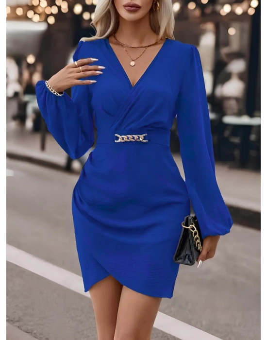 Kadın Uzun Kollu Kruvaze Yaka Yandan Büzgülü Asimetrik Detaylı Ithal Krep Mini Elbise