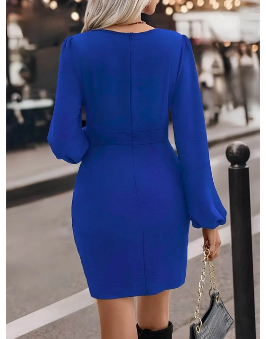 Kadın Uzun Kollu Kruvaze Yaka Yandan Büzgülü Asimetrik Detaylı Ithal Krep Mini Elbise