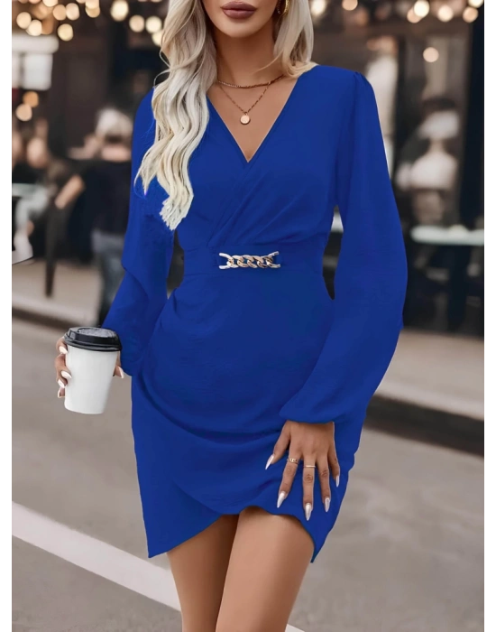 Kadın Uzun Kollu Kruvaze Yaka Yandan Büzgülü Asimetrik Detaylı Ithal Krep Mini Elbise