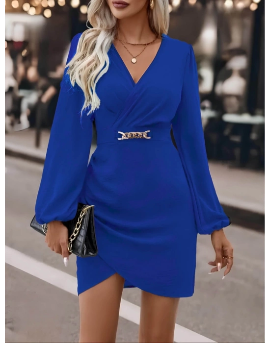 Kadın Uzun Kollu Kruvaze Yaka Yandan Büzgülü Asimetrik Detaylı Ithal Krep Mini Elbise