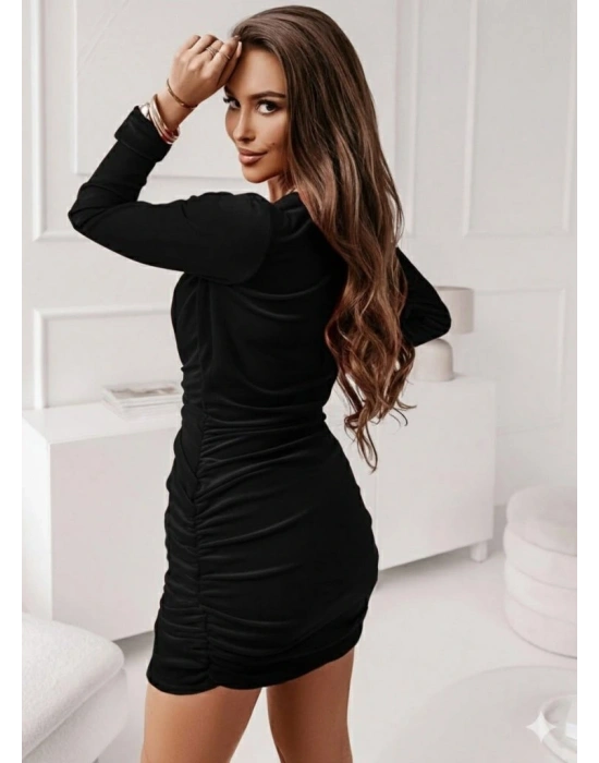 Kadın Uzun Kollu Kruvaze Yaka Yandan Büzgülü Mini Ithal Krep Elbise