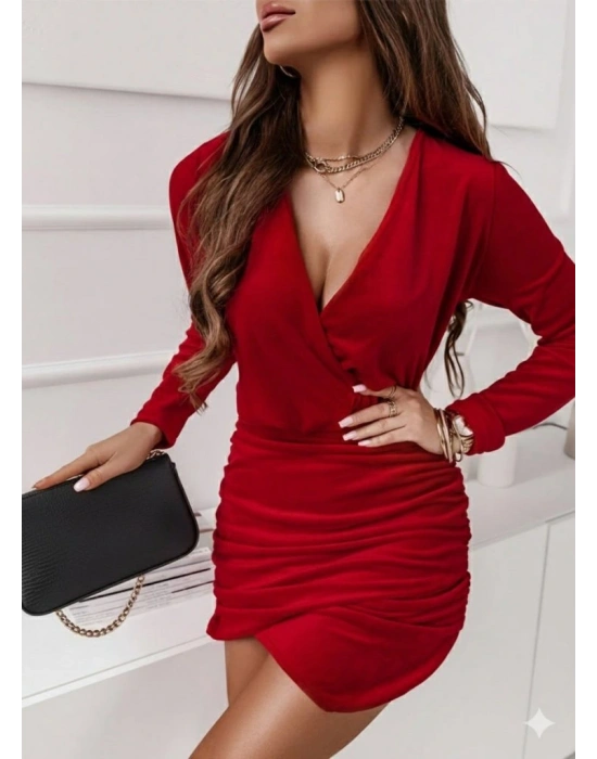 Kadın Uzun Kollu Kruvaze Yaka Yandan Büzgülü Mini Ithal Krep Elbise