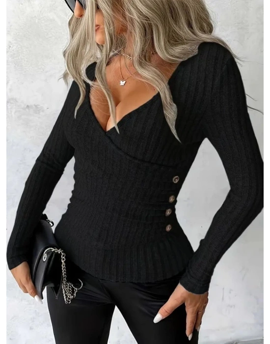 Kadın Uzun Kollu Kruvaze Yaka Yandan Düğme Detaylı şardonlu Kaşkorse Bluz
