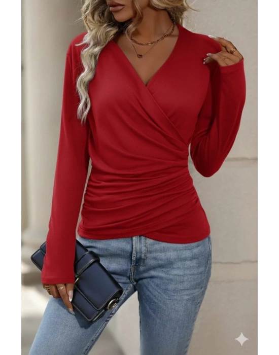 Kadın Uzun Kollu Kruvaze Yaka Yanlardan Büzgülü Viskon Bluz