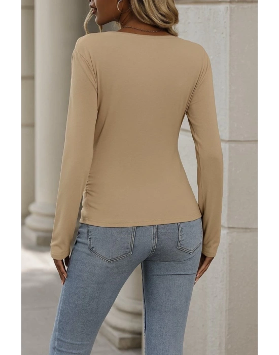 Kadın Uzun Kollu Kruvaze Yaka Yanlardan Büzgülü Viskon Bluz