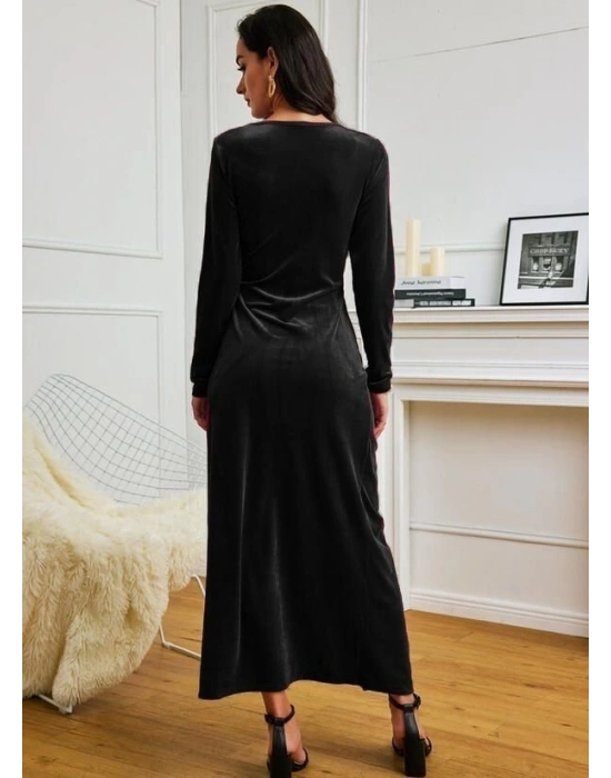 Kadın Uzun Kollu Kruvaze Yaka Yırtmaçlı Kadife Elbise