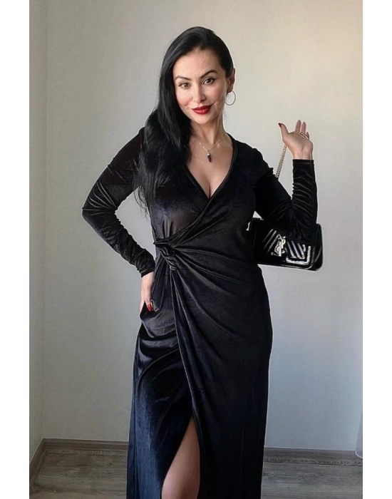 Kadın Uzun Kollu Kruvaze Yaka Yırtmaçlı Kadife Elbise