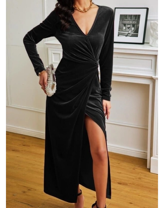 Kadın Uzun Kollu Kruvaze Yaka Yırtmaçlı Kadife Elbise