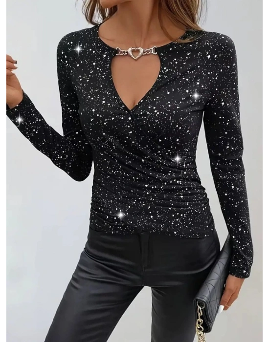 Kadın Uzun Kollu Kruvaze Yakalı Aksesuarlı Dalgıç Bluz