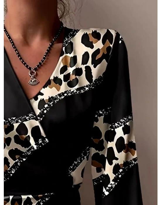 Kadın Uzun Kollu Kruvaze Yakalı Asimetrik Detaylı Mini Modal Elbise