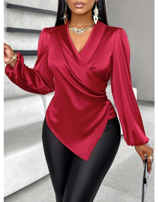 Kadın Uzun Kollu Kruvaze Yakalı Asimetrik Saten Bluz