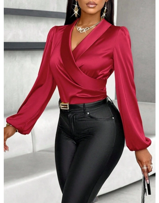 Kadın Uzun Kollu Kruvaze Yakalı Asimetrik Saten Bluz