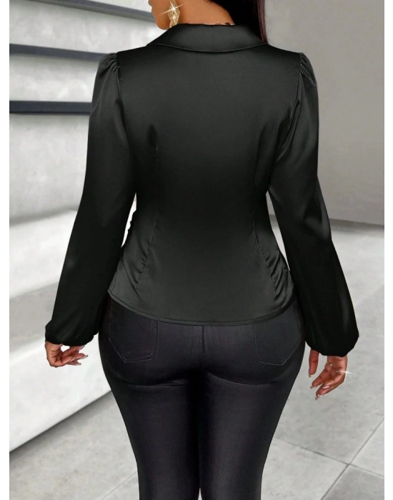 Kadın Uzun Kollu Kruvaze Yakalı Asimetrik Saten Bluz