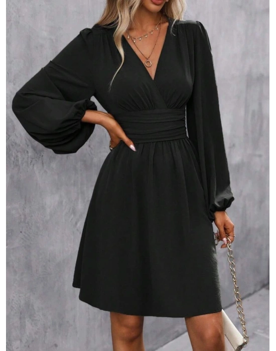 Kadın Uzun Kollu Kruvaze Yakalı Bel Korsajlı Mini Elbise