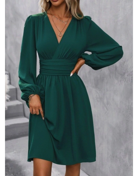 Kadın Uzun Kollu Kruvaze Yakalı Bel Korsajlı Mini Elbise