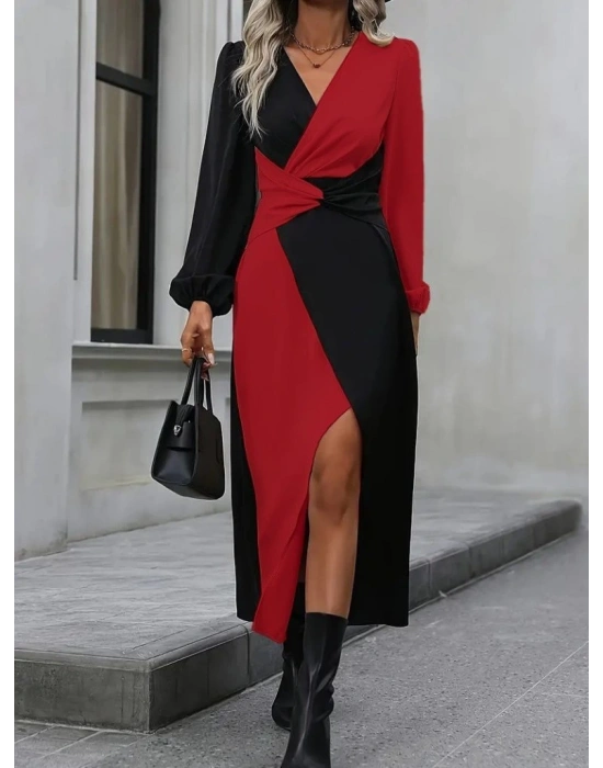 Kadın Uzun Kollu Kruvaze Yakalı Belden çapraz Detaylı çift Renkli Midi Ithal Krep Elbise