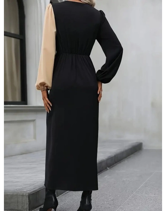 Kadın Uzun Kollu Kruvaze Yakalı Belden çapraz Detaylı çift Renkli Midi Ithal Krep Elbise