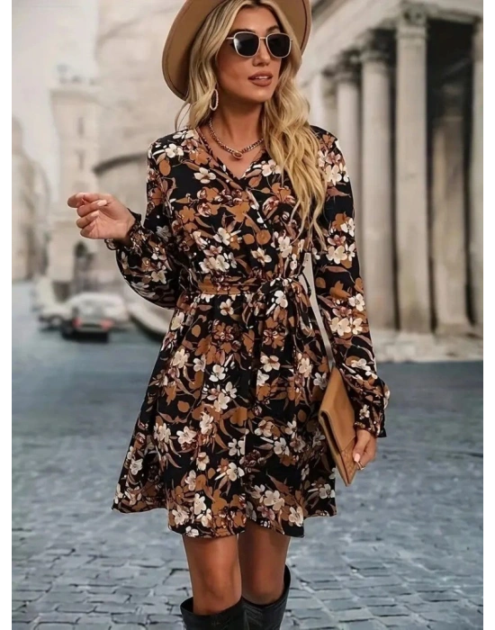Kadın Uzun Kollu Kruvaze Yakalı Belden Kuşaklı çiçek Desenli Mikro Süprem Mini Elbise