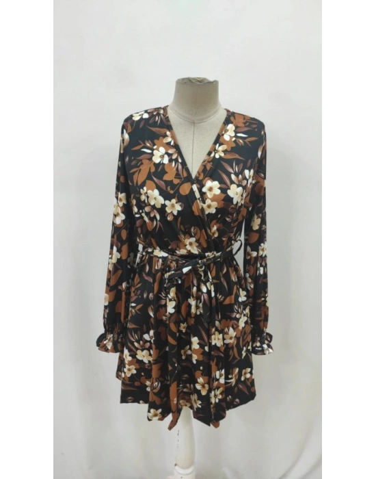 Kadın Uzun Kollu Kruvaze Yakalı Belden Kuşaklı çiçek Desenli Mikro Süprem Mini Elbise