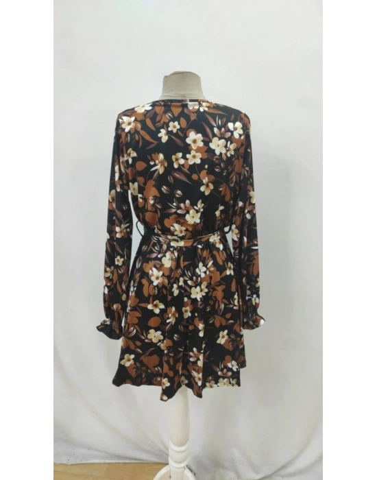 Kadın Uzun Kollu Kruvaze Yakalı Belden Kuşaklı çiçek Desenli Mikro Süprem Mini Elbise