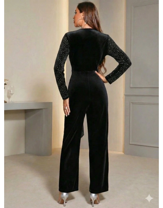 Kadın Uzun Kollu Kruvaze Yakalı Belden Kuşaklı ışıltılı Kadife Tulum