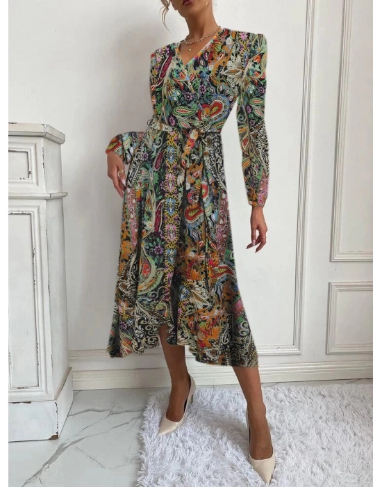 Kadın Uzun Kollu Kruvaze Yakalı Belden Kuşaklı Leopar