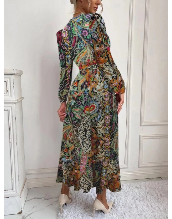 Kadın Uzun Kollu Kruvaze Yakalı Belden Kuşaklı Leopar