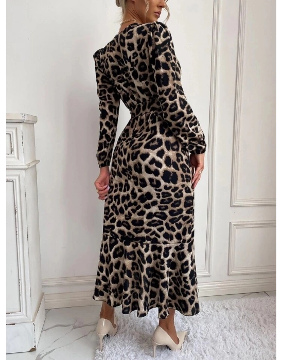 Kadın Uzun Kollu Kruvaze Yakalı Belden Kuşaklı Leopar