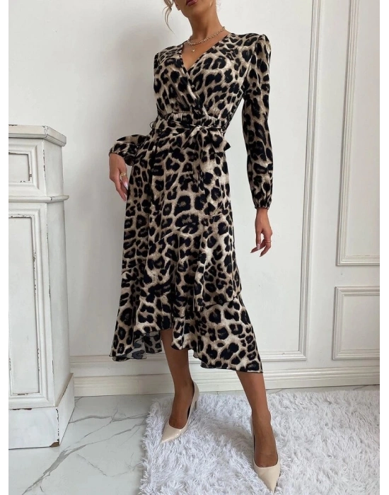 Kadın Uzun Kollu Kruvaze Yakalı Belden Kuşaklı Leopar Desenli Elbise