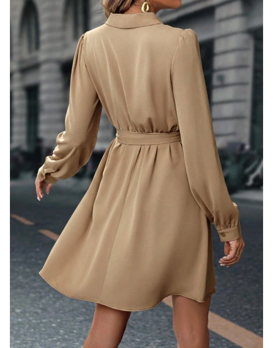 Kadın Uzun Kollu Kruvaze Yakalı Belden Kuşaklı Mini çift Katlı Ithal Krep Elbise