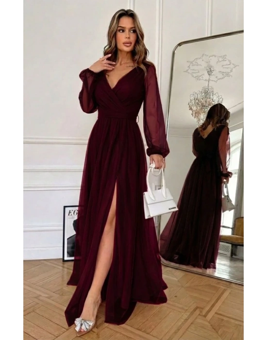 Kadın Uzun Kollu Kruvaze Yakalı Belden Kuşaklı Tüllü Uzun Ithal Krep Elbise