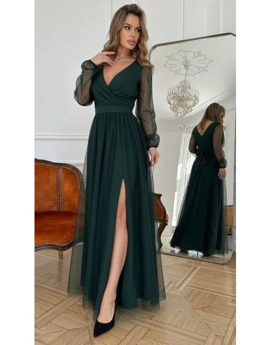 Kadın Uzun Kollu Kruvaze Yakalı Belden Kuşaklı Tüllü Uzun Ithal Krep Elbise